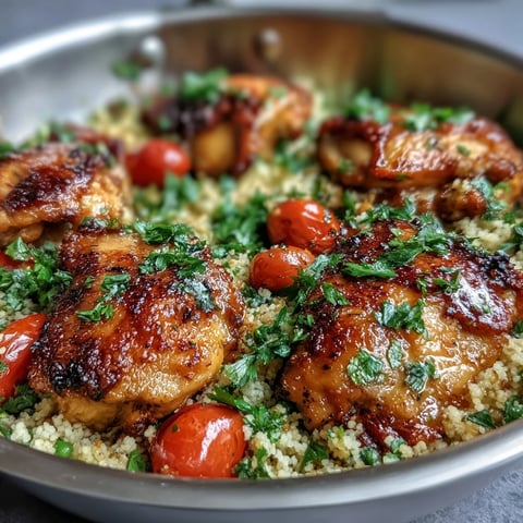 Golden seared chicken breasts in garlic butter sit atop fluffy couscous with bright red tomatoes and green peas in a skillet.