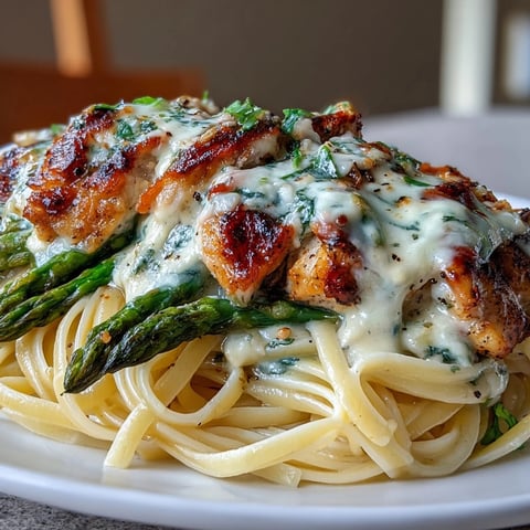 Creamy Asiago Chicken & Asparagus Pasta features golden, crispy Asiago-roasted asparagus and tender chicken nestled in a rich, cheesy sauce over linguine.