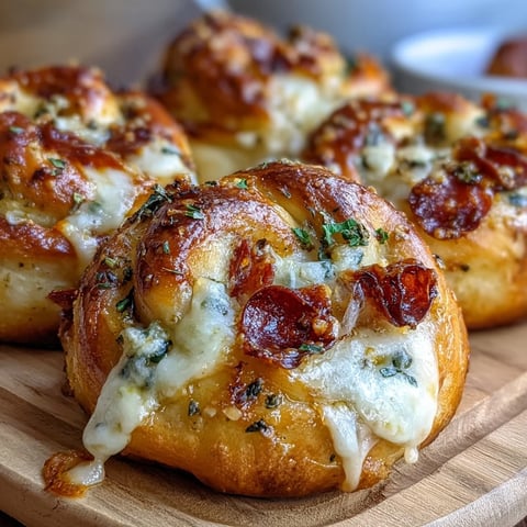 Golden-brown Pizza Roll Stuffed Garlic Knots fresh from the oven, brushed with garlic butter and herbs.