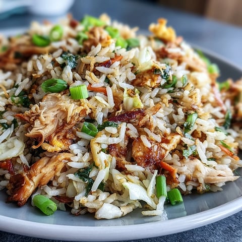 Plated Egg Roll Fried Rice with chicken, cabbage, carrots, and green onions.