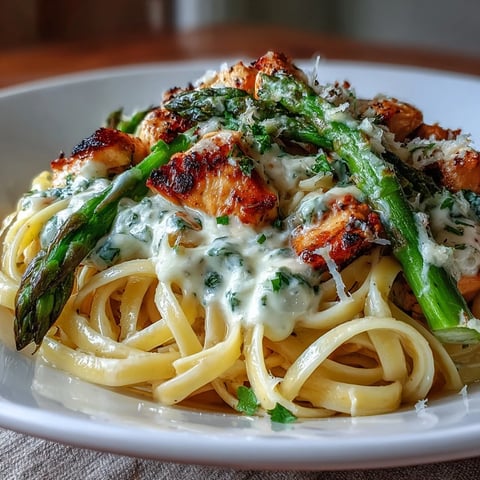 Golden, crispy roasted asparagus with Asiago cheese on a baking sheet next to a bowl of raw chicken and linguine, ingredients for Creamy Asiago Chicken & Asparagus Pasta.