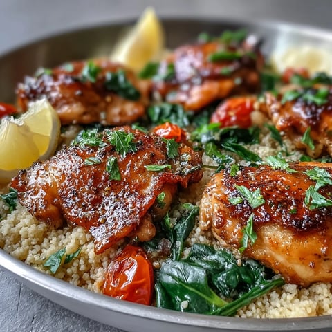 Golden-brown chicken thighs atop fluffy couscous with spinach and cherry tomatoes in One-Pan Garlic Butter Chicken Couscous.