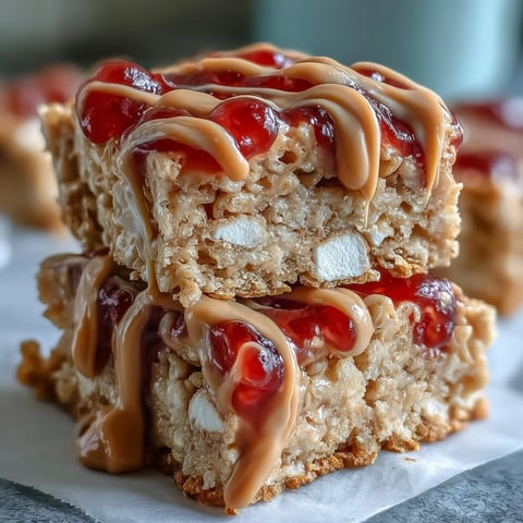 Frosted High-Protein PB&J Rice Krispie Bars showing a peanut butter drizzle and jelly swirls on a marble board.