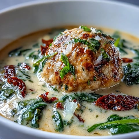 Creamy Tuscan Turkey Meatball Soup steaming in a rustic bowl with spinach and sun-dried tomatoes. 