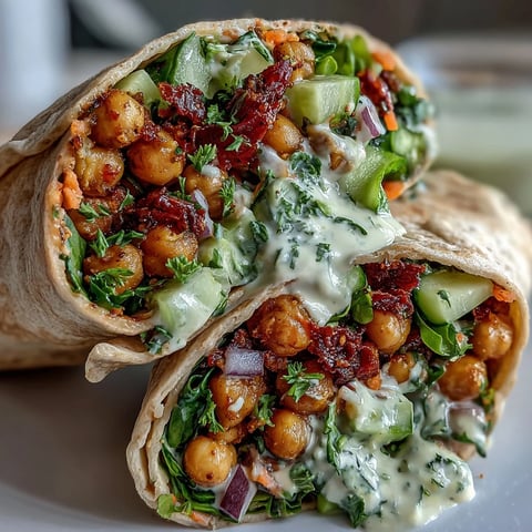 Golden-brown Vegan Lemon Tahini Chickpea Wraps sliced in half on a rustic wooden board, revealing a vibrant chickpea and vegetable filling.