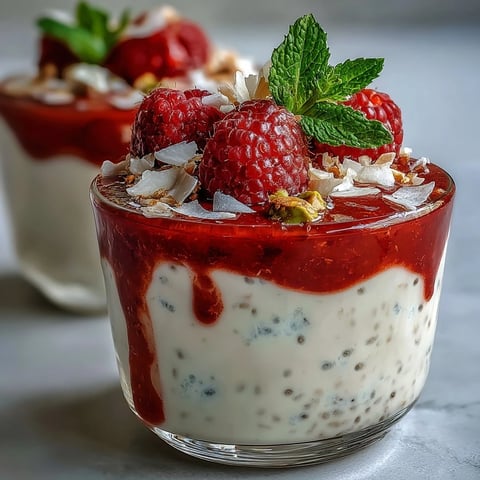 Clear glass jars display the Vegan Raspberry Coconut Chia Parfaits with thick coconut pudding, a bright raspberry purée, and fresh berries on top.