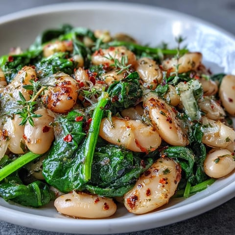 Vegan lemon garlic white bean skillet with spinach, bursting with fresh citrus and aromatic garlic, served in a rustic cast-iron pan.  