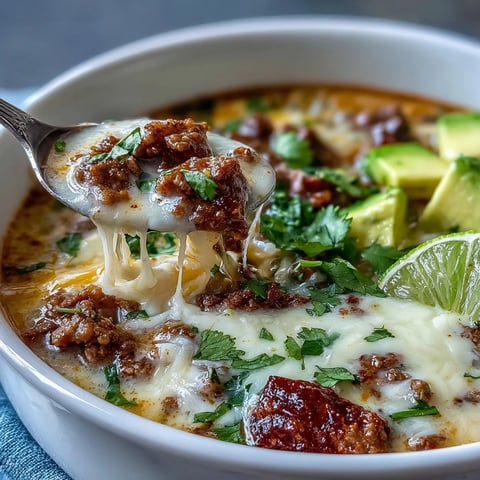 A steaming bowl of keto taco soup with seasoned ground beef, melted cheese, and fresh avocado slices.  