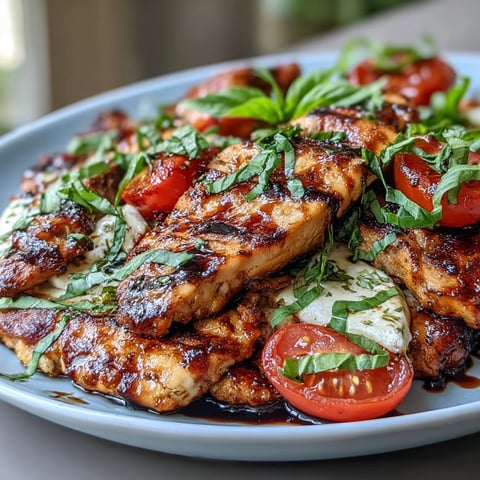 Fresh grilled chicken breast slices atop a bed of mixed greens, ripe tomatoes, and creamy mozzarella, garnished with basil and balsamic glaze.  