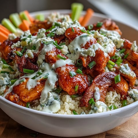 Keto Buffalo Chicken Cauliflower Rice Bowls with spicy chicken, crisp veggies, and creamy ranch drizzle on low-carb cauliflower rice.