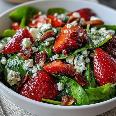 Fresh strawberry spinach salad with feta and toasted almonds in a white bowl, showcasing vibrant red berries and green spinach.  