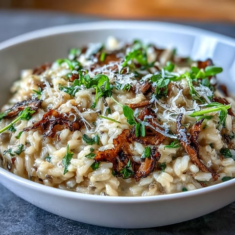 Creamy truffle risotto topped with vibrant pea shoots and shaved black truffle for an indulgent vegetarian main dish.  
