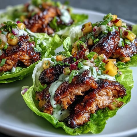 Jerk chicken lettuce cups with spicy marinated chicken, sweet mango salsa, and creamy coconut crema in crisp lettuce leaves.  