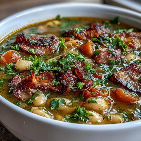 Hearty Ham and Cannellini Bean Stew with tender ham, creamy beans, and aromatic vegetables in a savory broth.  
