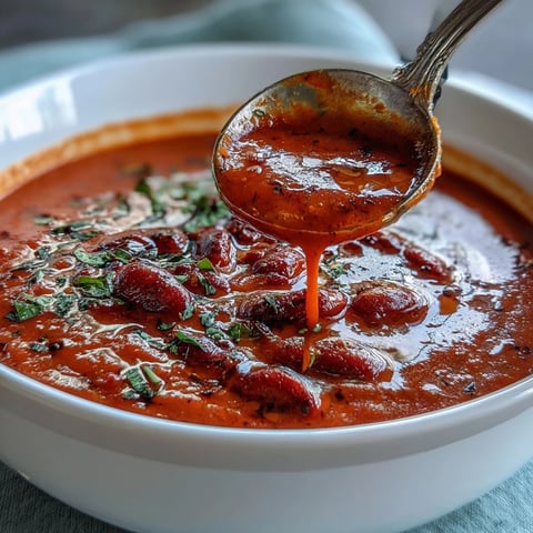 A creamy, vibrant bowl of roasted red pepper and white bean soup, garnished with fresh parsley and a drizzle of olive oil.  