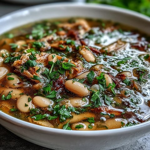 Smoked turkey and white bean soup with herbs, featuring tender chunks of smoked turkey and creamy white beans in a fragrant broth.