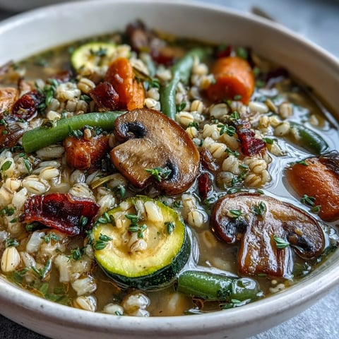 A rustic bowl of vegetable barley soup with mushrooms, filled with tender grains, colorful veggies, and savory broth for a comforting meal.  