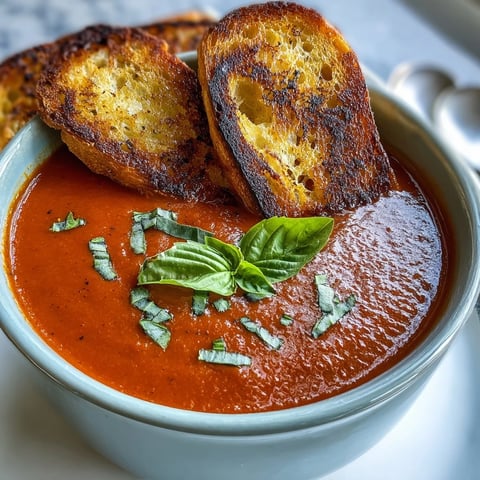 Velvety tomato basil soup with fresh herbs, served with golden sourdough bread dippers for a comforting meal.  