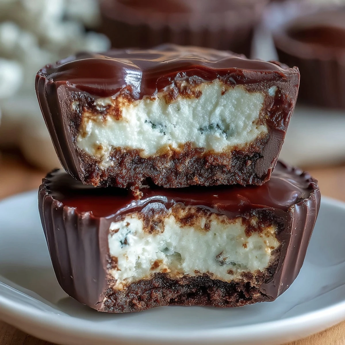 Protein-packed peanut butter cups with creamy Greek yogurt filling, drizzled in rich dark chocolate and sprinkled with sea salt.