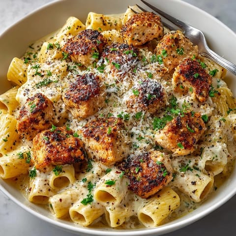 Creamy garlic butter chicken rigatoni Parmesan in a skillet with golden chicken and rich savory sauce.