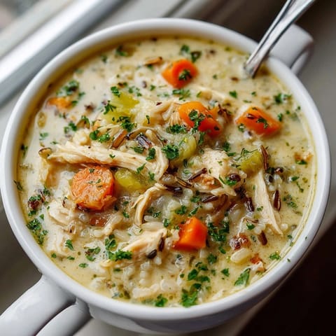 A comforting spoonful of creamy chicken wild rice soup, rich with diced vegetables and herbs.