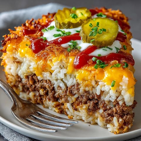 A warm, cheesy Crispy Onion Cheeseburger Rice Bake photo showing melted cheese and pickle garnish.