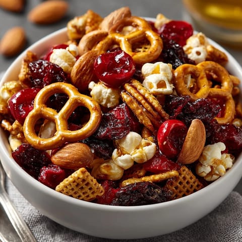 Close-up of a spicy, sweet, and salty Cherry Hot Honey Pretzel Snack Mix with visible ingredients.
