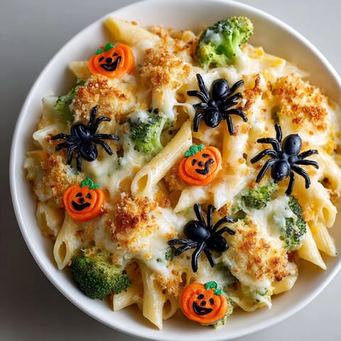 A creamy, baked Halloween Cheesy Broccoli Pasta Bake with bubbly cheese and spooky, festive garnishes.