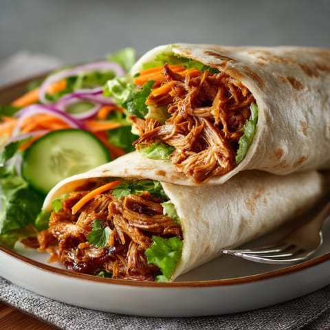 Close-up of a delicious, savory cranberry BBQ pulled chicken wrap served on a wooden board.