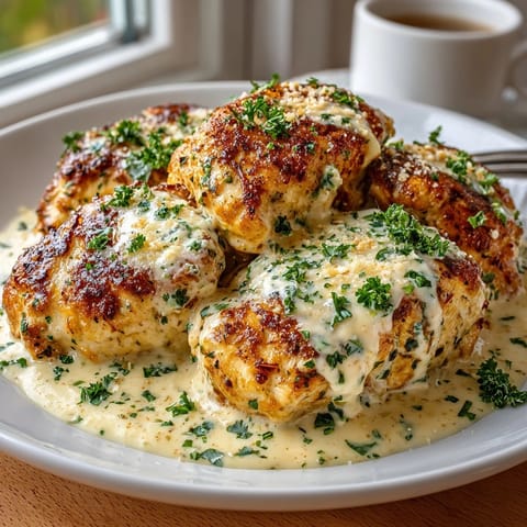 A close-up of tender Creamy Garlic Butter Chicken glistening with a rich, flavorful butter sauce with herbs.