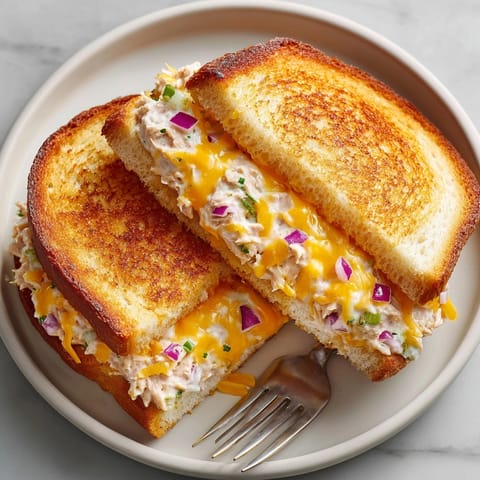 Closeup of crispy Quick Tuna Melt Sandwich halves showing creamy tuna salad and bubbling cheddar.