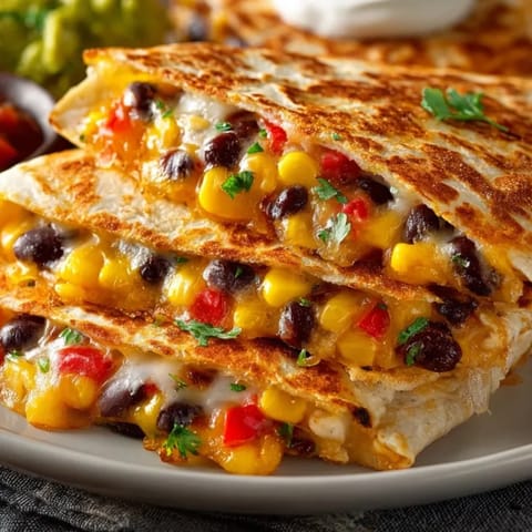 Oozing cheese fills golden Easy Cheesy Quesadillas with a crispy tortilla shell, ready for dipping.