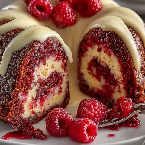 Close-up of moist Vampire Blood Red Velvet Bundt Cake ready to slice and serve.