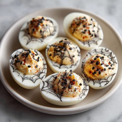 Close-up of savory Spiderweb Deviled Eggs recipe; black sesame filling piped into darkened egg whites.