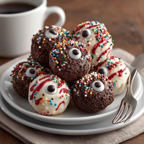 Festive Halloween treats: Monster Donut Hole Eyeballs with detailed red gel icing veins.