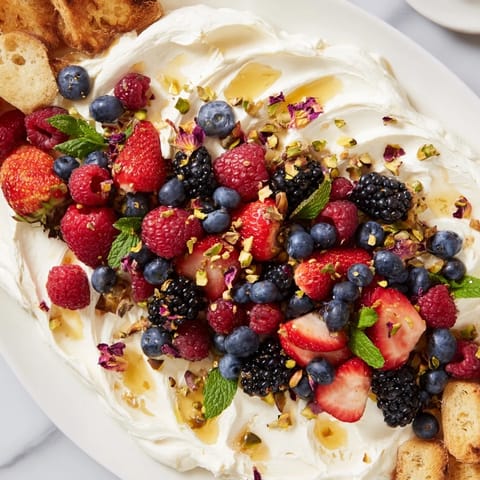 Delightful Butter Board Dessert decorated with berries, nuts, and a syrup drizzle.  