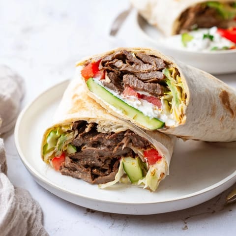 Sizzling beef strips in warm flatbreads, paired with tangy yogurt sauce delights.  