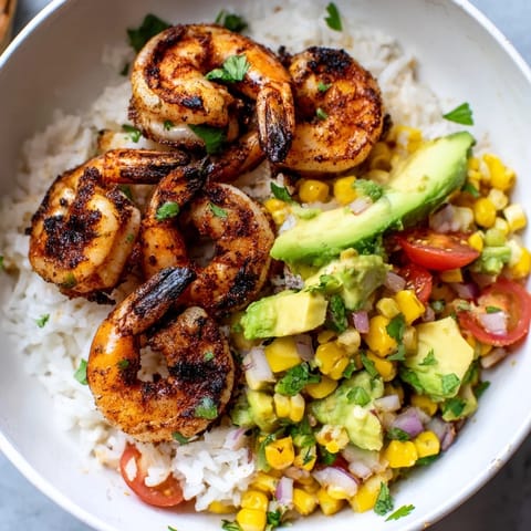 Zesty Easy Grilled Shrimp Bowls: imagine tender grilled shrimp over fluffy rice with vibrant corn salsa.