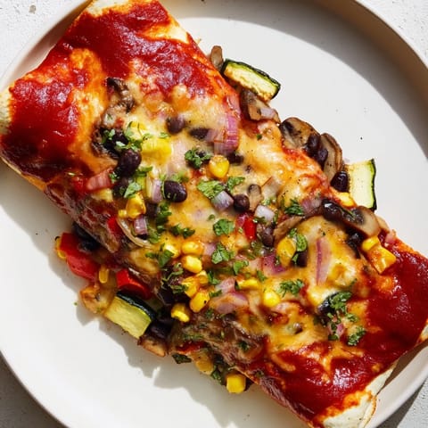 A close-up of cheesy Farmers Market Vegetarian Enchiladas, filled with colorful peppers and drizzled with sauce.