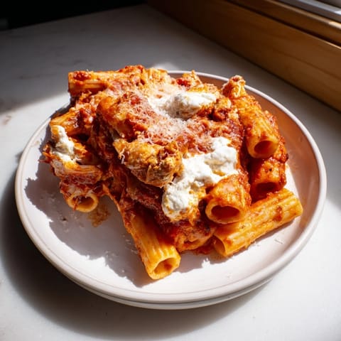 Melted mozzarella blankets the bubbling slow cooker baked ziti, a hearty dish perfect for dinner tonight.