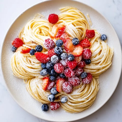 Quick Festive Pancake Spaghetti, a brunch dream: fluffy, piping-hot strands with vibrant berries.