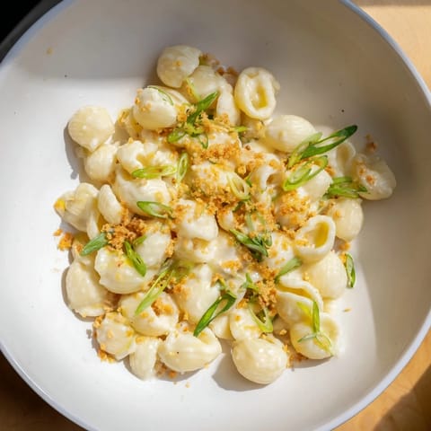 Velvety creamy miso ditalini pasta, a comforting fusion main dish ready to be enjoyed.