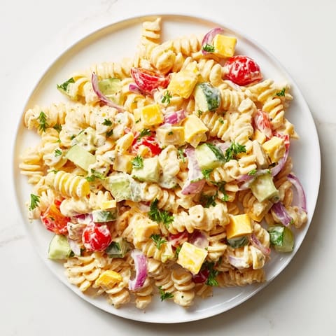 This creamy Greek Yogurt Million Dollar Christmas Pasta Salad features colorful veggies and tangy dressing.