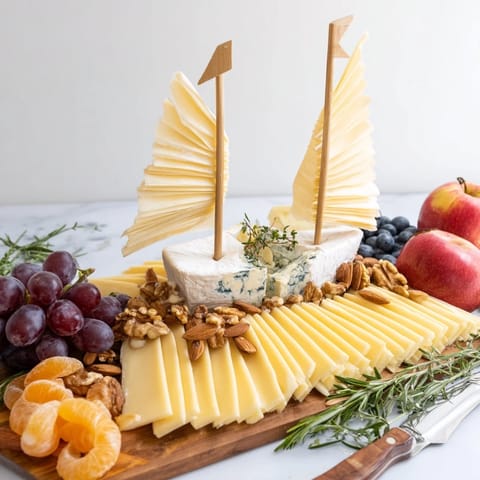 Delectable sailboat cheese platter shaped like a ship, brimming with cheeses, fruits, and crackers.