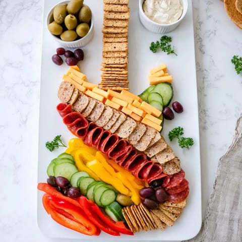 This Rock Star Guitar Snack Platter is a fun arrangement with cheese, meats, and delicious dips ready to enjoy!
