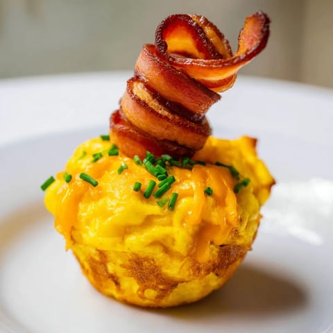 Warm, fluffy Scrambled Egg Cups garnished with bacon, ready to serve as a delicious side dish.