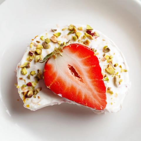 Creamy yogurt-coated strawberry halves, frozen beautifully, perfect for a light, delicious snack or treat.