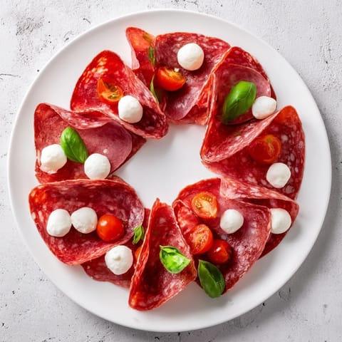 Close-up of a festive folded salami wreath appetizer, showcasing fresh basil against the red salami slices.