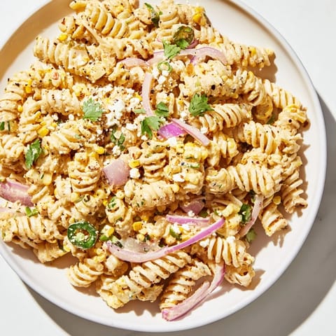 Close-up of Creamy Street Corn Pasta Salad, showing the mix of pasta, corn, and crumbled cheese.
