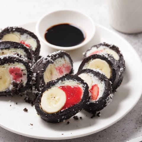 Plated Oreo Cookie Sushi Rolls, ready to enjoy with a rich chocolate soy sauce dip.